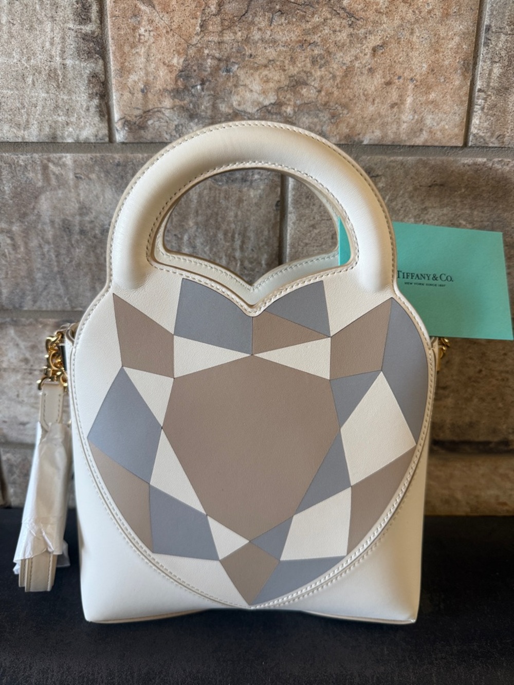 Tiffany & Co. Ivory Geometric Heart Mini Leather Bag with Gray and Taupe Accents
